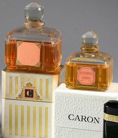 Caron «Bellodgia» - (1929) 2 flacons en cristal incolore pressé moulé de Baccarat...