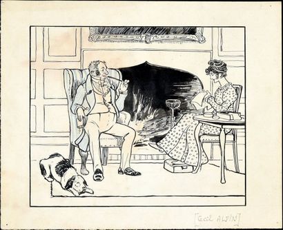 Cécil ALDIN (1870-1935) COUPLE DE BOURGEOIS ET LEUR CHIEN DEVANT LA CHEMINEE.
Illustration...