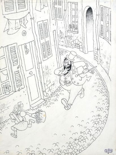 DUBOUT, Albert (1905-1976) LE MAGICIEN.
Encre de Chine pour cette illustration humoristique...