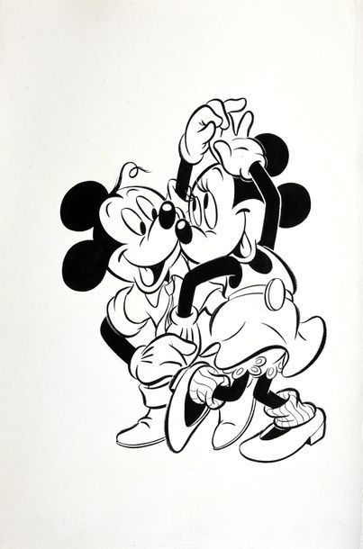DISNEY (Studios) MICKEY & MINNIE MOUSE.
Illustration originale en noir et blanc
Encre...