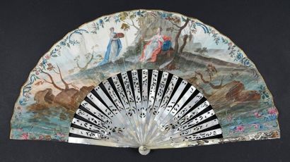 null Esther et Assuérus, vers 1760
Eventail plié, feuille en peau doublée de papier,...