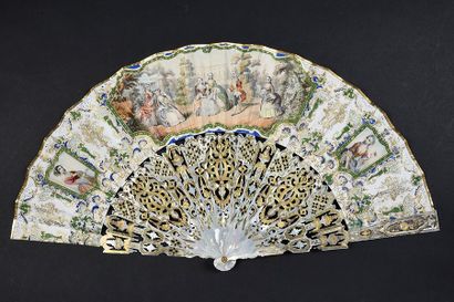 null Plaisirs au jardin, vers 1840-1850
Eventail plié, feuille double en papier gaufré...