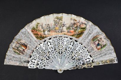 null Plaisirs au jardin, vers 1840-1850
Eventail plié, feuille double en papier gaufré...