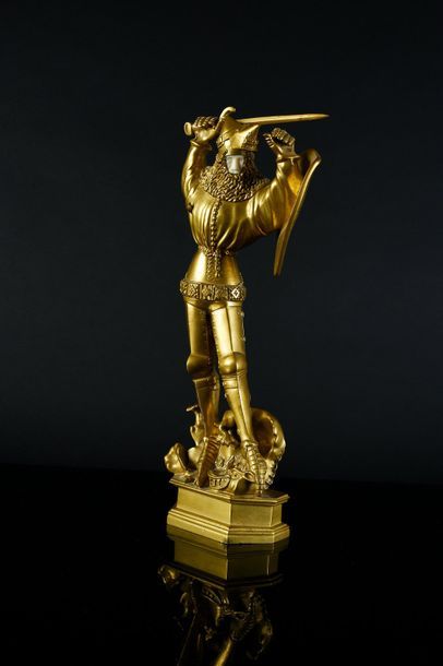 J. de Beerze (XIXe XXe siècle) Saint Michel.
Statue chryséléphantine en bronze doré,...