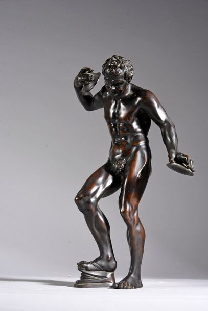 null Statuette de faune aux cymbales dansant nu, en bronze à patine médaille.
Fin...