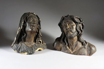 Ecole allemande du XVIIè siècle. 
Bust of the imploring Virgin and Christ wearing...