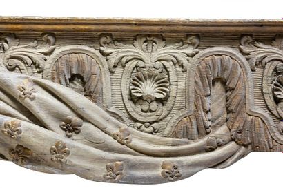 null Woodwork element decorated with a trompe l'oeil of drape with lily flowers seedlings,...