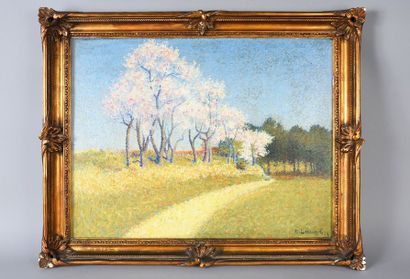 Achille LAUGE (1861-1944) 
Le chemin au printemps,1918
Huile sur panneau.
Signée...