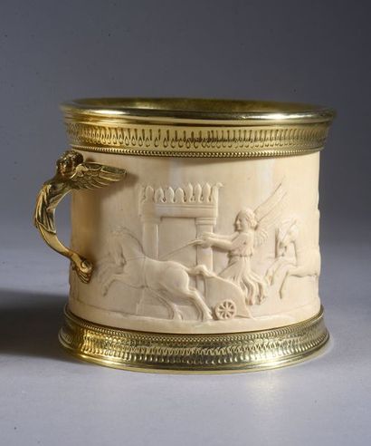 CHIURAZZI Pair of ivory mugs decorated in bas-relief with chariot races drawn by...