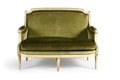 Sofa in moulded and carved wood, cream lacquered,...