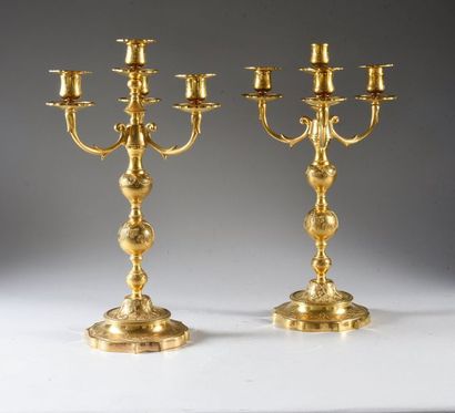 Pair of four-light brass candelabra with...