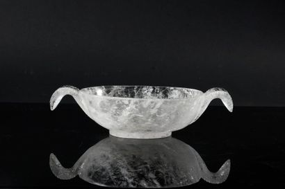 null Oblong bowl in sculpted rock crystal, with two handles engraved in the shape...