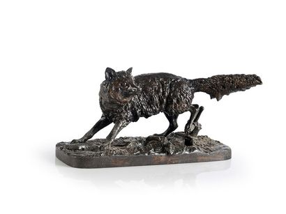 Pierre-Jules Mene (1810-1879) Fox jumping a fence. Bronze with brown patina, signed...