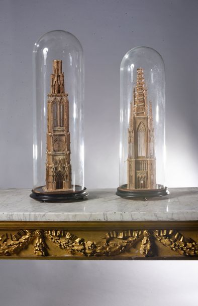 null Two models of a Gothic cathedral bell tower made of cut paper and cardboard,...