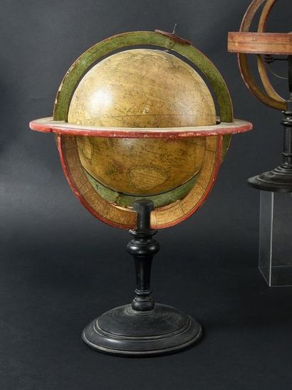 Félix DELAMARCHE et Charles DIEN Cardboard and engraved paper globe, turned and blackened...