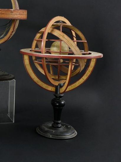 null Armillary sphere in wood covered with engraved and coloured paper, in the style...