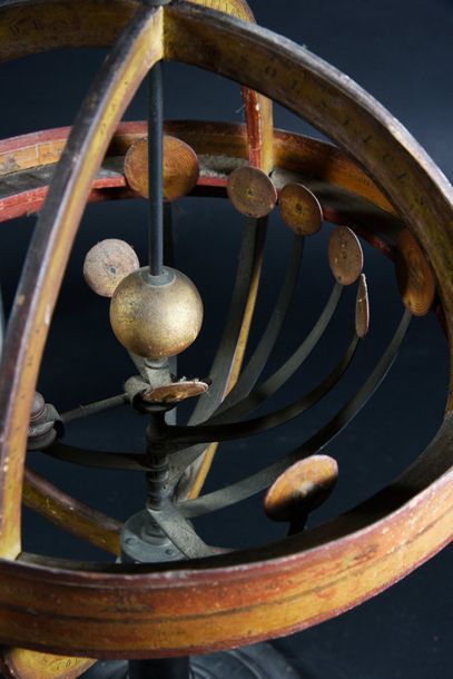 null Armillary sphere type Copernicus in engraved and coloured paper, turned blackened...