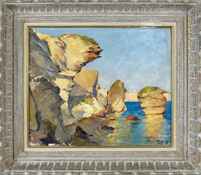 PIERRE BACH (1906-1971) Bord de mer aux rochers, Corse 1938 Huile sur toile marouflée...