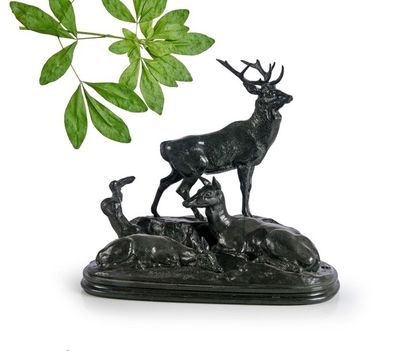 Antoine-Louis BARYE (1795-1875) 
Famille de cerfs au repos.
Bronze à patine brune...