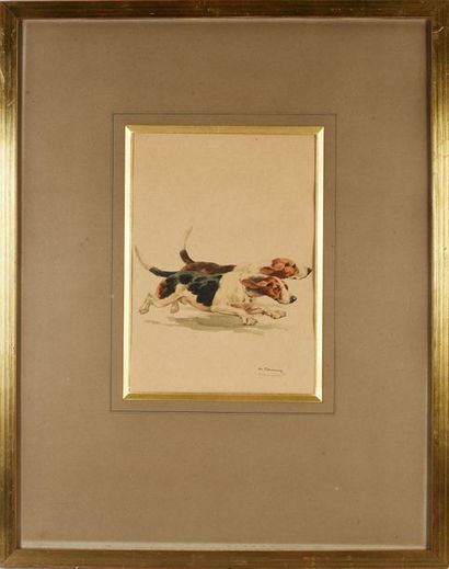 Charles Ferdinand de Condamy (1847-1913) 
Bassets Hound
Aquarelle gouachée signée...