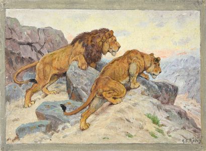 Georges Frédéric ROTIG (1873-1961) Couple of lions on the lookout. Pair of oils on...