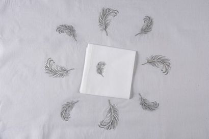 null Embroidered table service, tablecloth and six napkins, mid-20th century. "Curly...