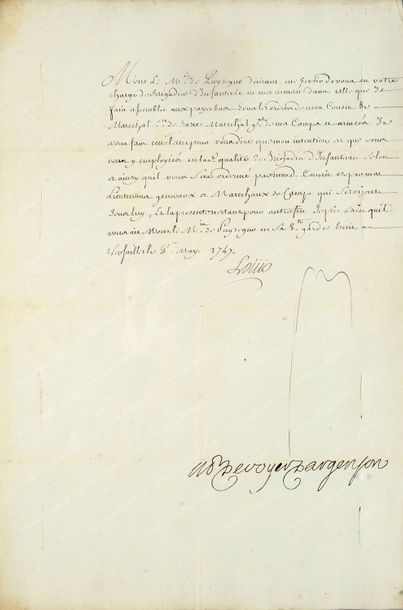 Louis XV, roi de France (1710-1774). 
Lettre de service signée Louis, Versailles,...