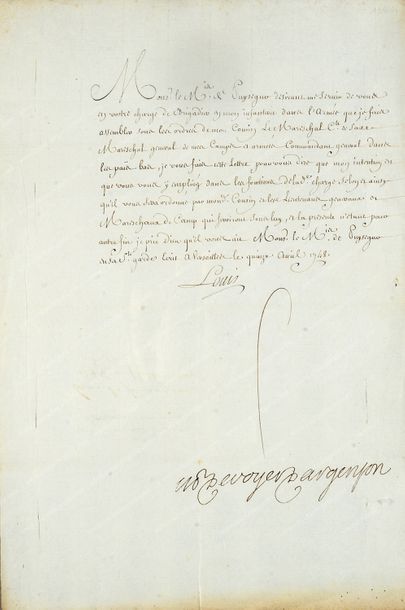 Louis XV, roi de France (1710-1774). 
Lettre de service signée Louis, Versailles,...