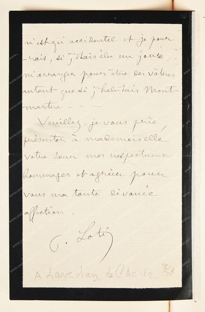 LOTI Pierre (1850-1923). 
Lettre autographe signée: «P. Loti», Callo, Algérie, 15...