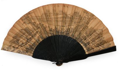 null The 1876
World Fair Folded Fan, the black and white printed fabric sheet of...