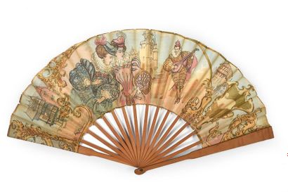 D'après Robida, Paris au Moyen-Age, 1900 
Folded fan, double leaf in chromolithographed...