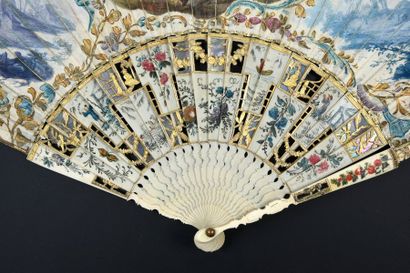 null The charming birderman, around 1760-1770Wide folded fan, the leather leaf painted...