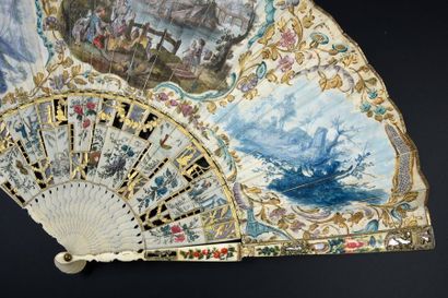 null The charming birderman, around 1760-1770Wide folded fan, the leather leaf painted...