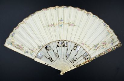 null The charming birderman, around 1760-1770Wide folded fan, the leather leaf painted...