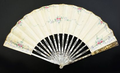 null The faithful friend, around 1780
Folded fan, cream skin leaf painted with a...