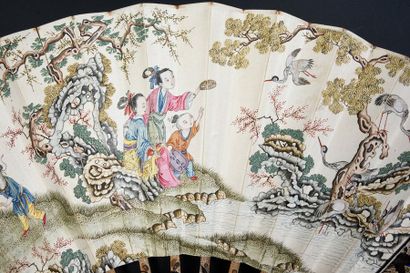 null The tamed cranes, around 1770-1780
Folded fan, double sheet of wallpaper in...
