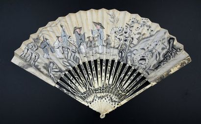 null The traders, around 1760-1770
Folded fan, sheet of paper engraved and painted...