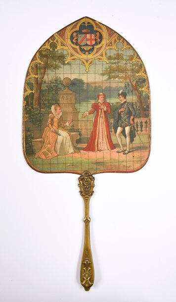null Neo-Gothic serenade, circa 1840Pair of silk hand screens, on a metal frame,...