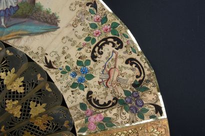 null Amazing dancers, around 1850-1860
Folded fan, double sheet of gouache wallpaper...