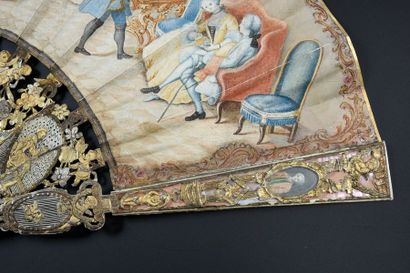 null The dance, around 1900Grand éventail, the leather leaf, mounted in English and...