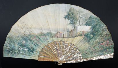 Louis Dutasta (1851- ?) Landscape, circa 1894Wide folded fan, the leather leaf, lined...