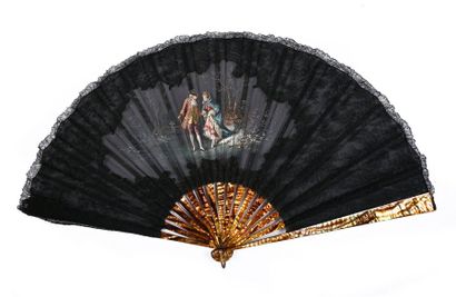 null Aufray, Le galant companion, circa 1890-1900Wide fan, the black lace leaf, with...