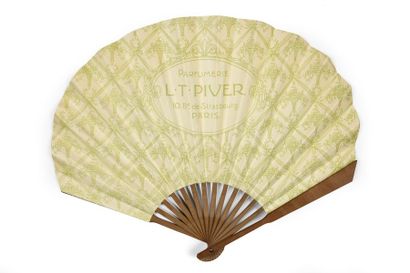  "Esperis", LT Piver Fan, a double sheet of paper printed with damsels offering hydrangeas,...