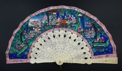  Assembled at the palaces, around 1860-1880 Folded fan, the double sheet of gouache...