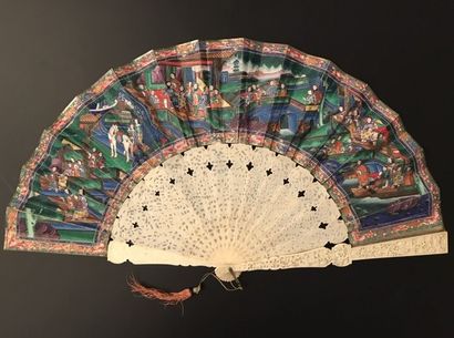 null Crossing the bridge, China, late 19th century Folded fan, double sheet of gouache...