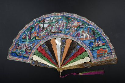 null The white horse, China, 19th century Folded fan, the double sheet of paper decorated,...