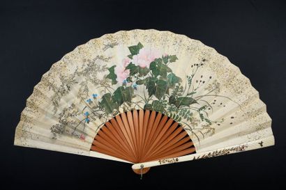 null Peony flowers, Japan, late 19th century Large folded fan, double silk leaf painted...