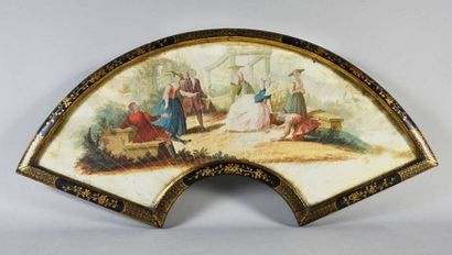 null Le petit oiseau, early 18th centuryFan leaf in skin painted with a garden scene...