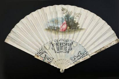 null The singing competition, around 1750
Folded fan, leather leaf, mounted in English...