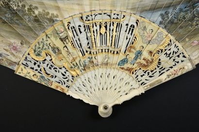 null The singing competition, around 1750
Folded fan, leather leaf, mounted in English...